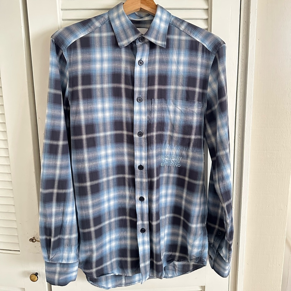 Burberry Men’s Black and Blue Plaid Men's Shirt in XS
